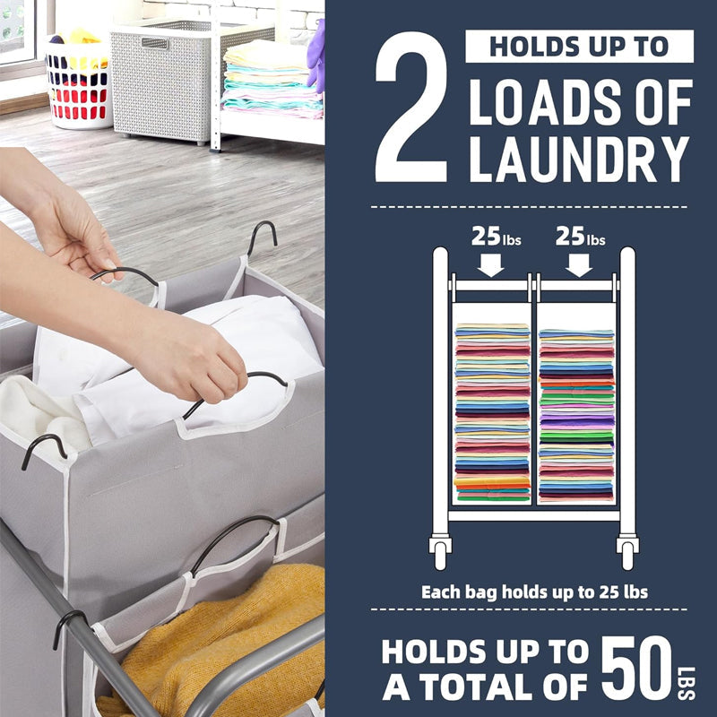 BowLift | 2 Section Laundry Cart Laundry Basket with Lockable Wheels and Removable Bag Rolling Laundry Sorter