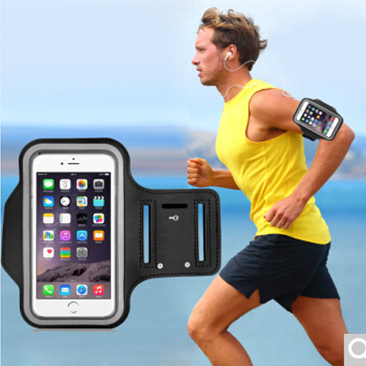 Adjustable reflective running armband with secure smartphone touchscreen pocket Bowlift
