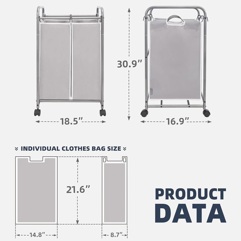BowLift | 2 Section Laundry Cart Laundry Basket with Lockable Wheels and Removable Bag Rolling Laundry Sorter