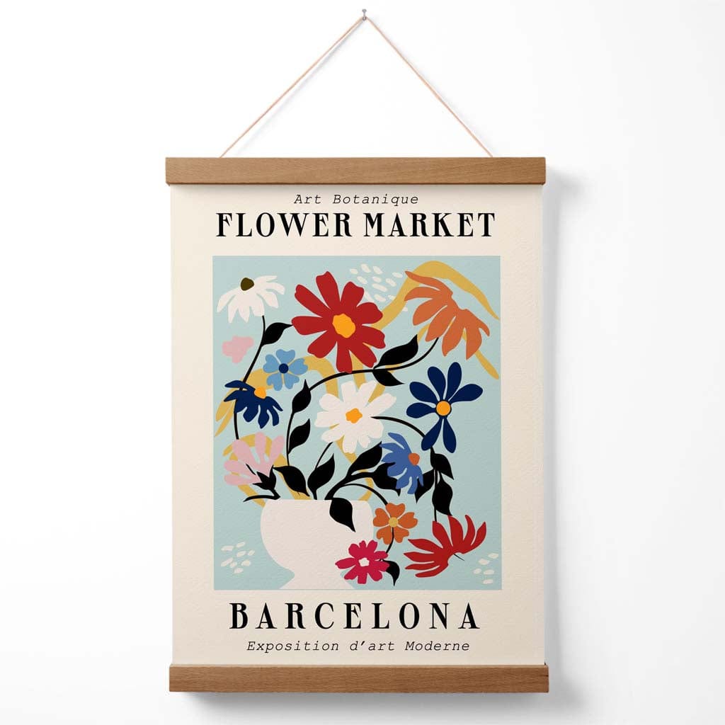 Barcelona Blue and Pink Flower Market Exhibition Poster with Hanger | Bowlift