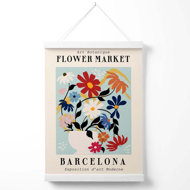 Barcelona Blue and Pink Flower Market Exhibition Poster with Hanger | Bowlift
