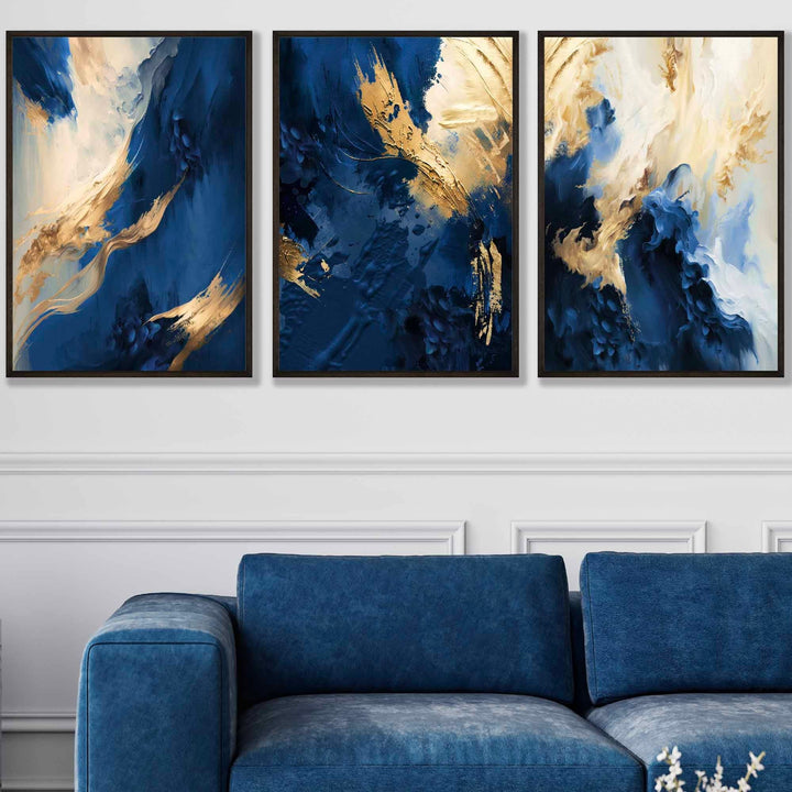 Abstract Navy Blue and Gold Set of 3 Wall Art Prints | Bowlift