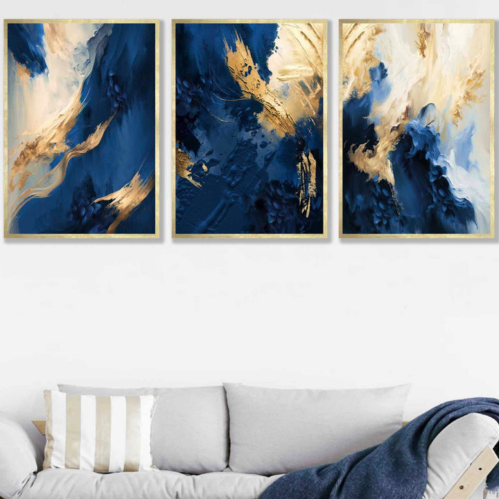 Abstract Navy Blue and Gold Set of 3 Wall Art Prints | Bowlift