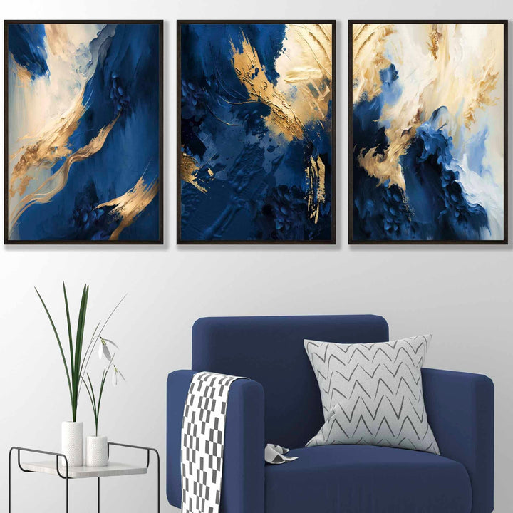 Abstract Navy Blue and Gold Set of 3 Wall Art Prints | Bowlift