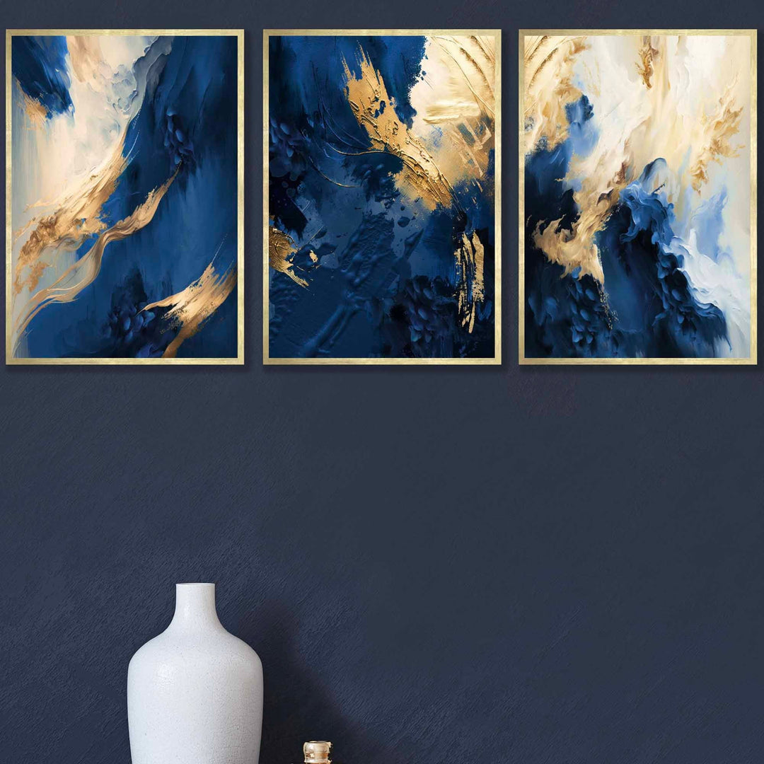 Abstract Navy Blue and Gold Set of 3 Wall Art Prints | Bowlift
