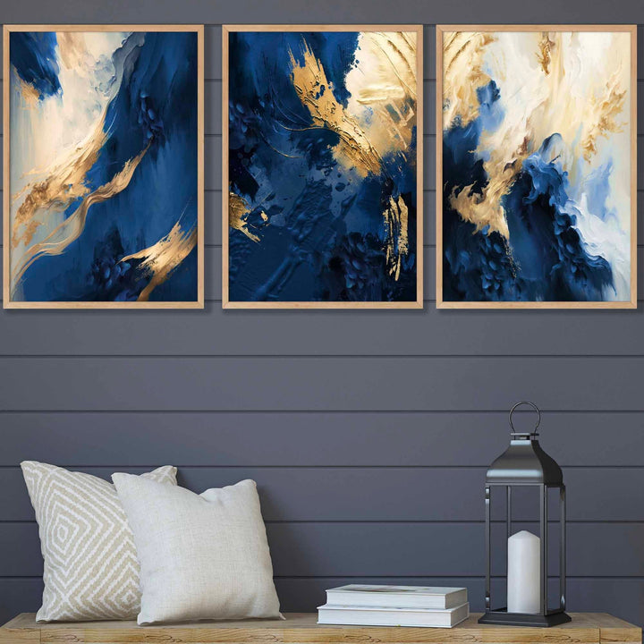 Abstract Navy Blue and Gold Set of 3 Wall Art Prints | Bowlift