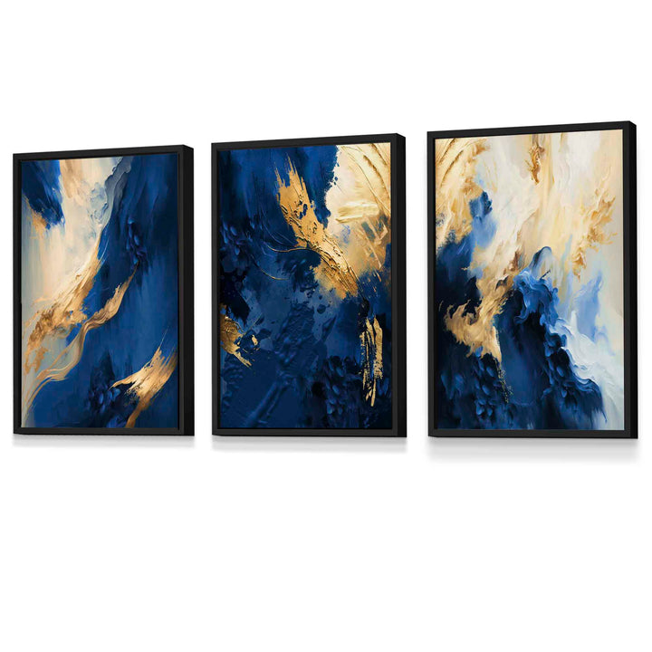Abstract framed navy blue and gold set of 3 wall art prints | Bowlift