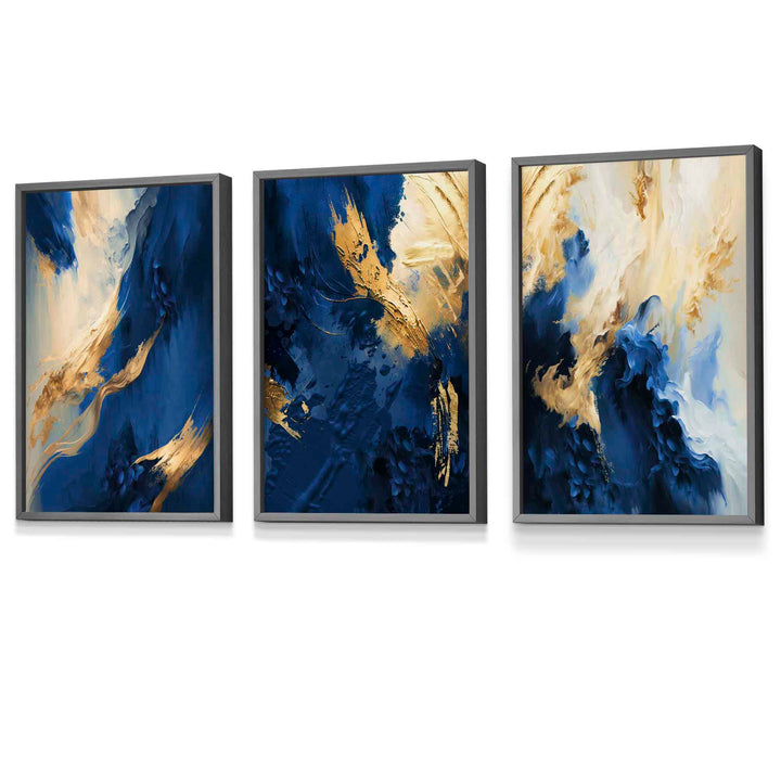 Abstract framed navy blue and gold set of 3 wall art prints | Bowlift