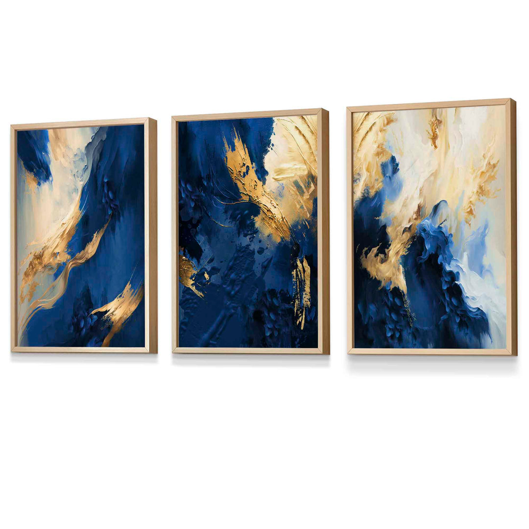 Abstract framed navy blue and gold set of 3 wall art prints | Bowlift