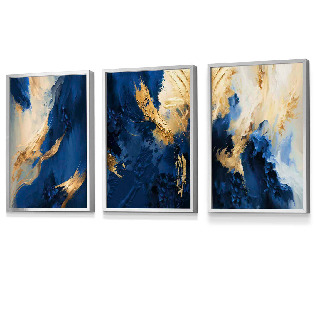 Abstract framed navy blue and gold set of 3 wall art prints | Bowlift