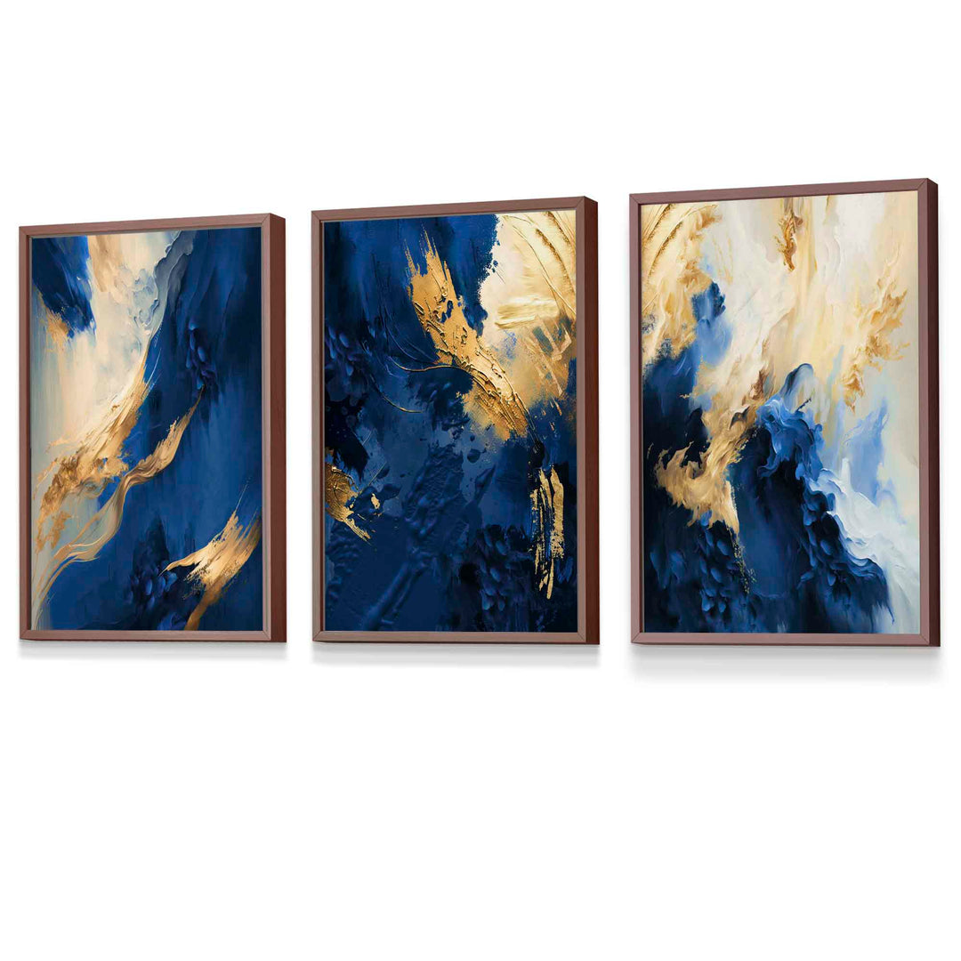 Abstract framed navy blue and gold set of 3 wall art prints | Bowlift