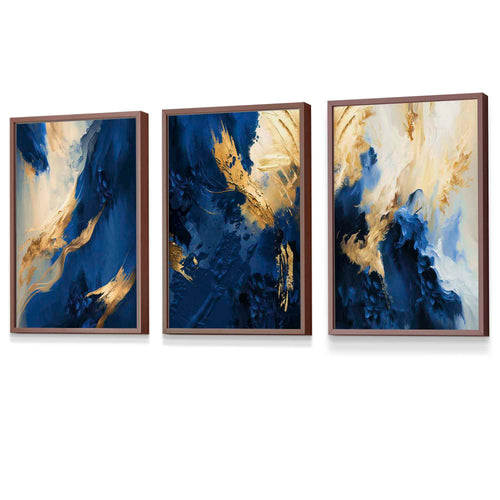 Abstract framed navy blue and gold set of 3 wall art prints | Bowlift