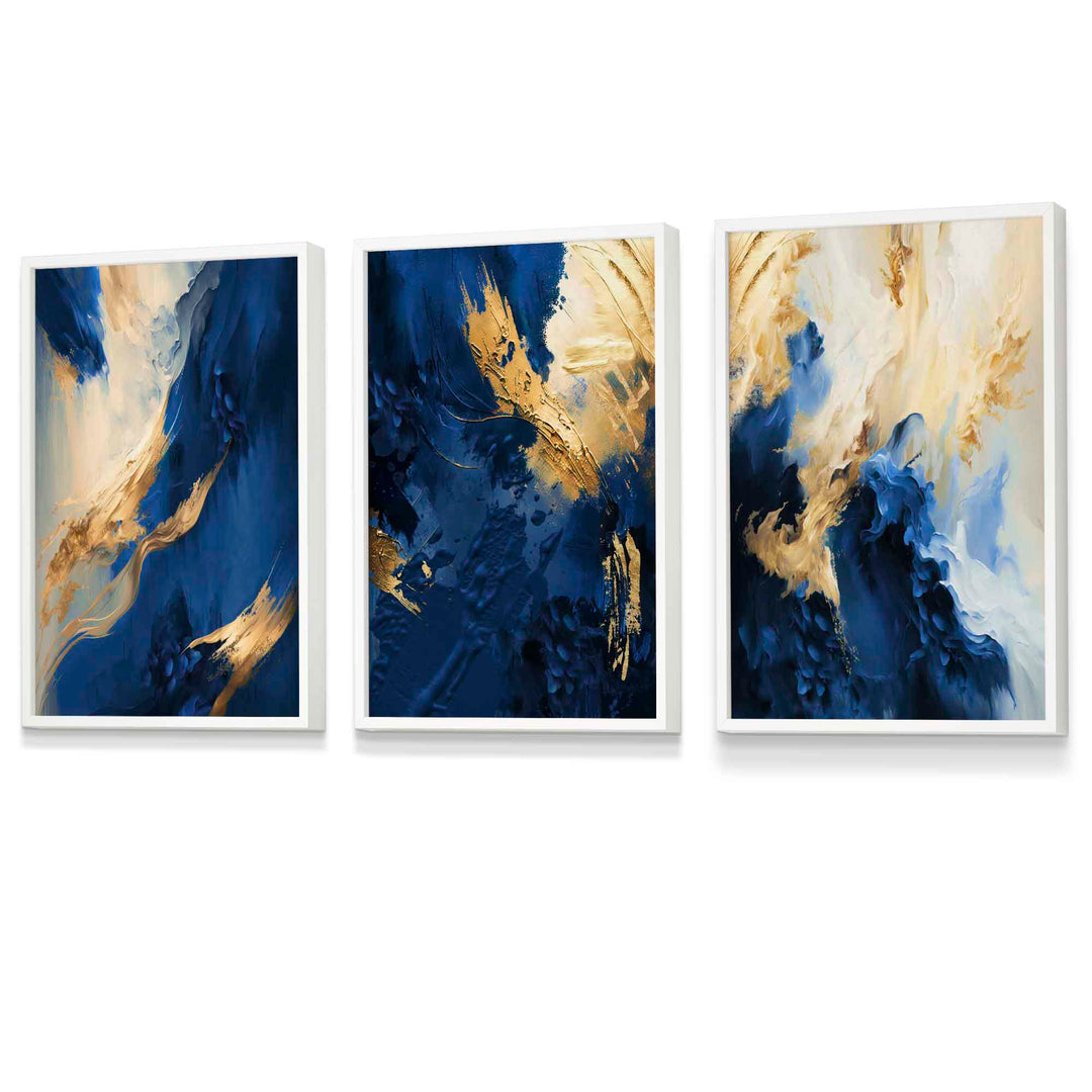 Abstract framed navy blue and gold set of 3 wall art prints | Bowlift