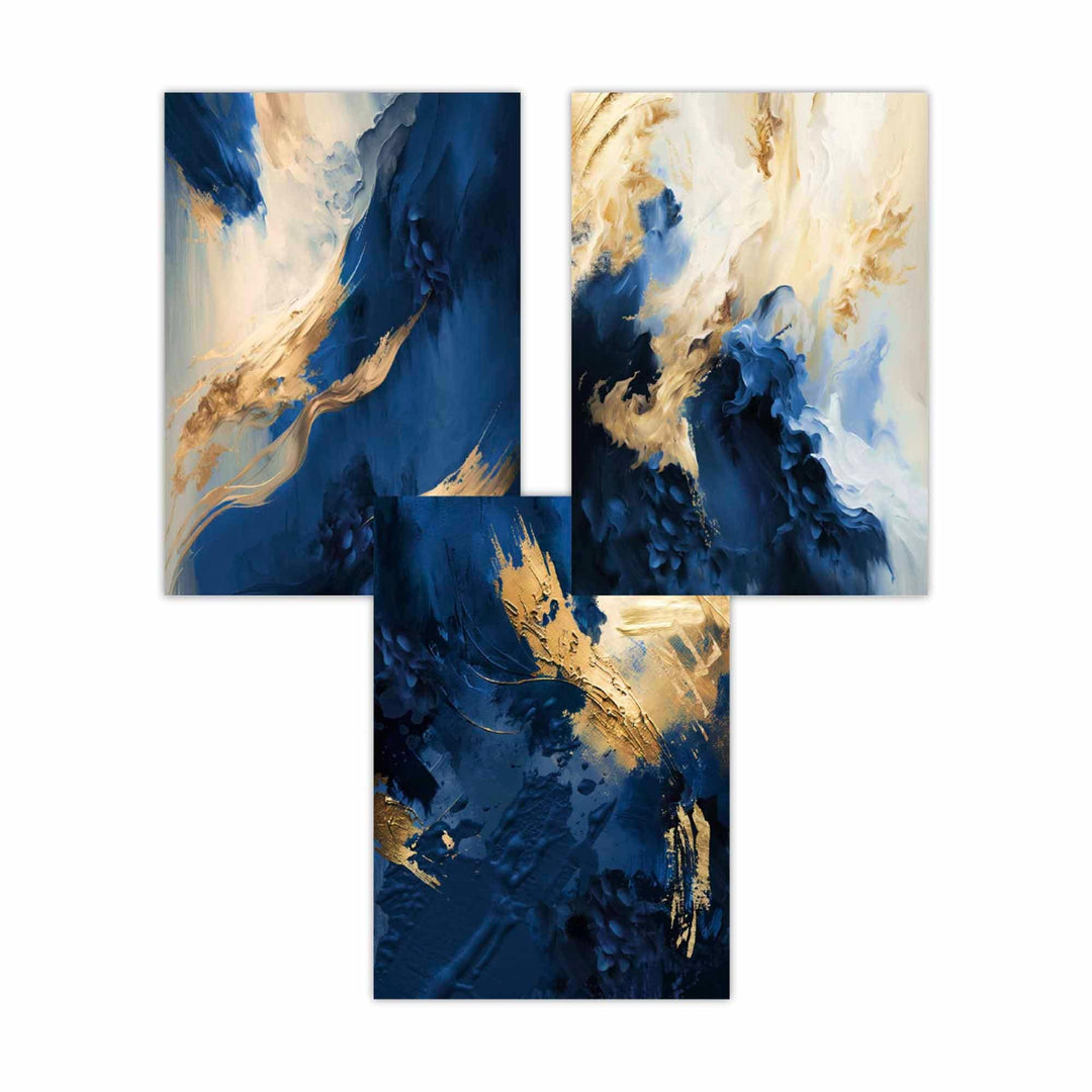 Abstract Navy Blue and Gold Set of 3 Wall Art Prints | Bowlift