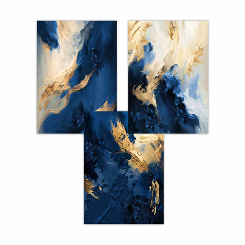Abstract Navy Blue and Gold Set of 3 Wall Art Prints | Bowlift