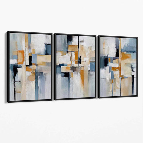 Abstract Blue and Orange on Beige Set of 3 Canvas Wall Art | Bowlift