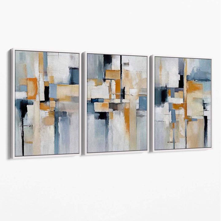 Abstract Blue and Orange on Beige Set of 3 Canvas Wall Art | Bowlift
