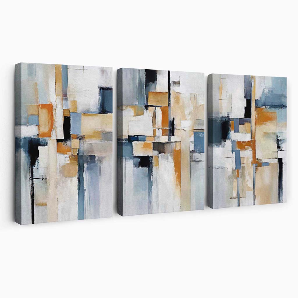 Abstract Blue and Orange on Beige Set of 3 Canvas Wall Art | Bowlift