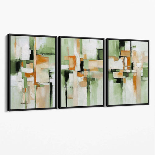 Abstract Sage Green and Orange Set of 3 Canvas Wall Art | Bowlift
