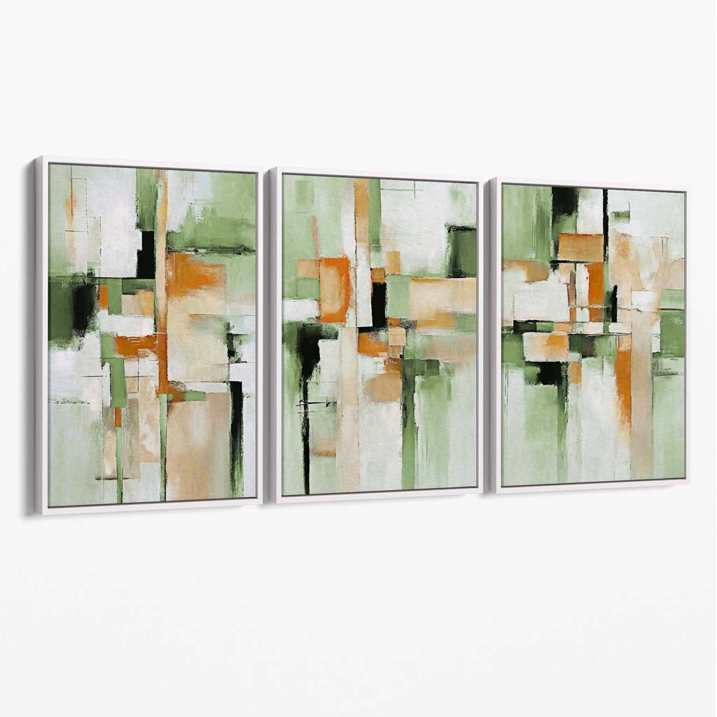 Abstract Sage Green and Orange Set of 3 Canvas Wall Art | Bowlift