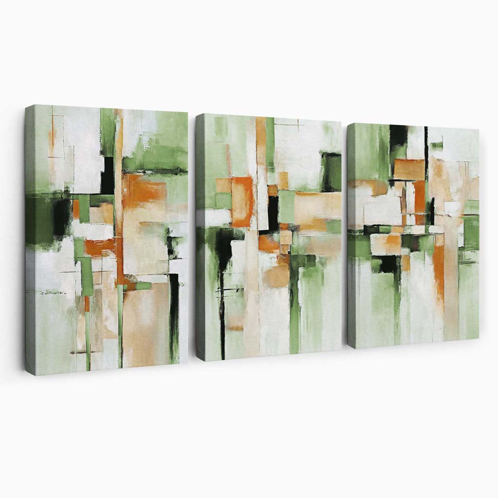 Abstract Sage Green and Orange Set of 3 Canvas Wall Art | Bowlift