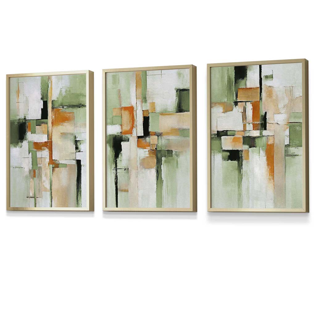 Abstract Sage Green and Orange Set of 3 Framed Wall Art | Bowlift