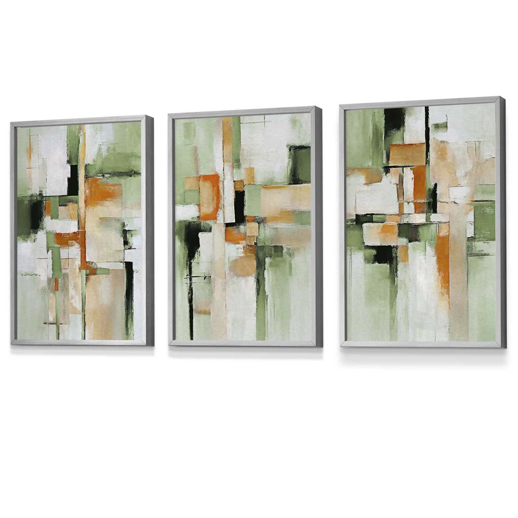 Abstract Sage Green and Orange Set of 3 Framed Wall Art | Bowlift
