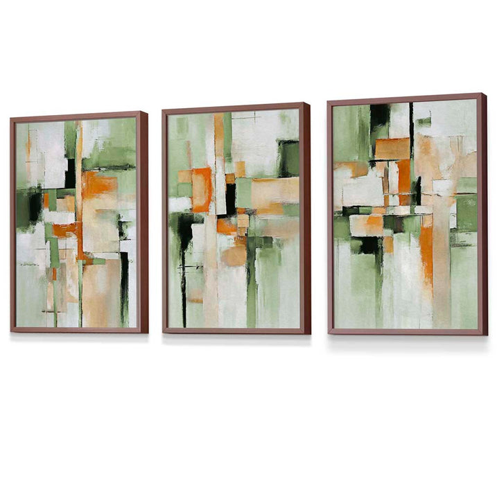 Abstract Sage Green and Orange Set of 3 Framed Wall Art | Bowlift