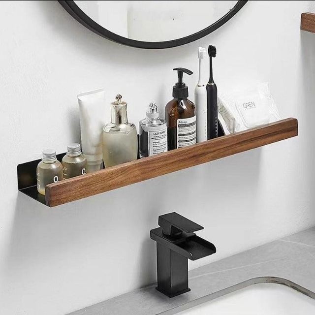 BowLift | Solid Wood Bathroom Shelf – No-Drill Wall-Mounted Organiser Rack