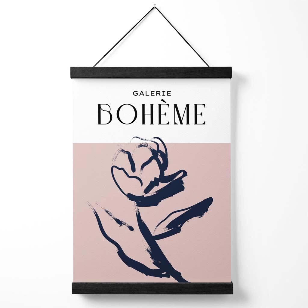 Blush and Navy Blue Rose Boho Sketch Floral Poster with Hanger | Bowlift