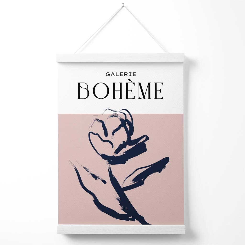 Blush and Navy Blue Rose Boho Sketch Floral Poster with Hanger | Bowlift