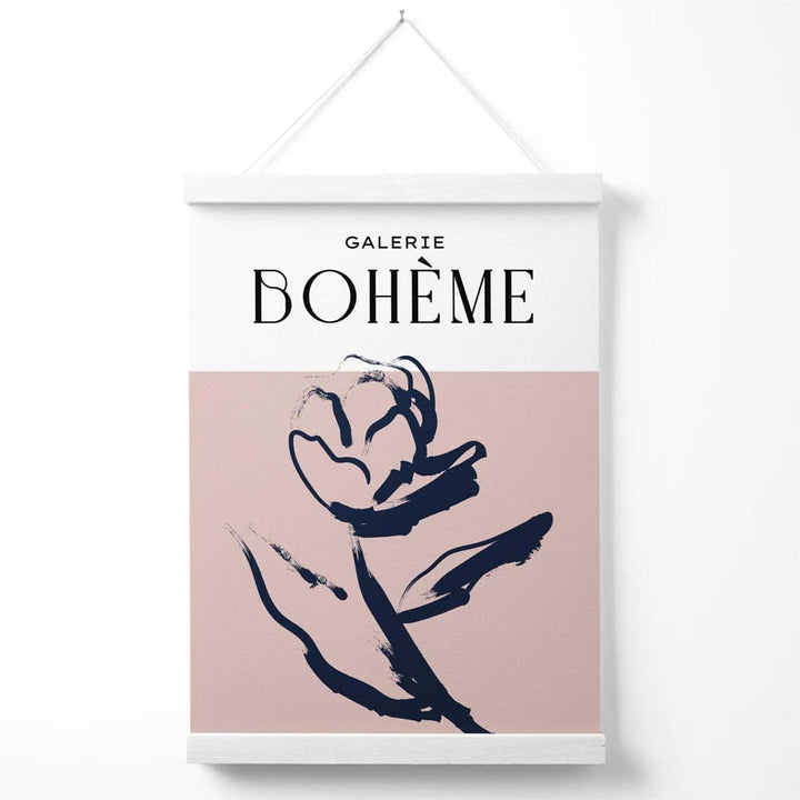 Blush and Navy Blue Rose Boho Sketch Floral Poster with Hanger | Bowlift