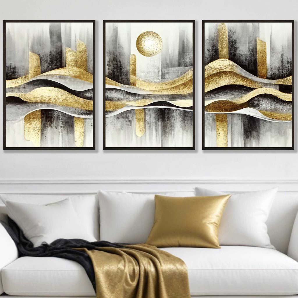 Abstract city set of 3 black and gold wall art prints | Bowlift
