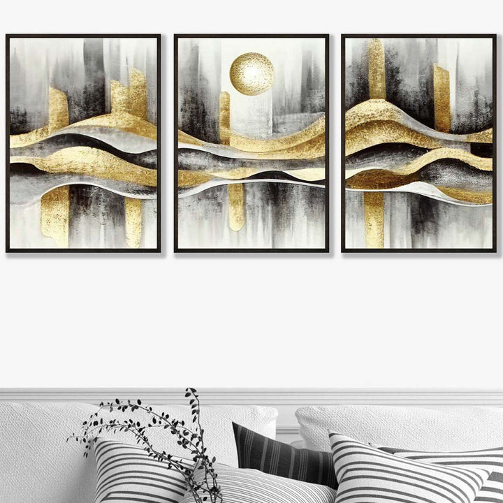 Abstract city set of 3 black and gold wall art prints | Bowlift