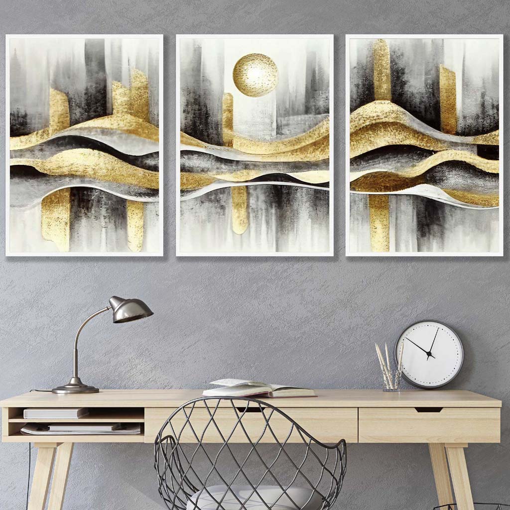 Abstract city set of 3 black and gold wall art prints | Bowlift