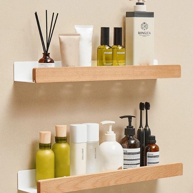 BowLift | Solid Wood Bathroom Shelf – No-Drill Wall Mounted Bathroom Organiser