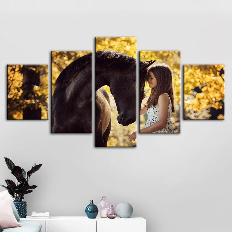 5 Piece Friendship Between Girl & Horse - Canvas Wall Art Painting | Bowlift