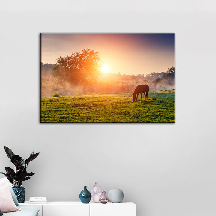 Sunrise Grazing Horse - Canvas Wall Art Painting | Bowlift