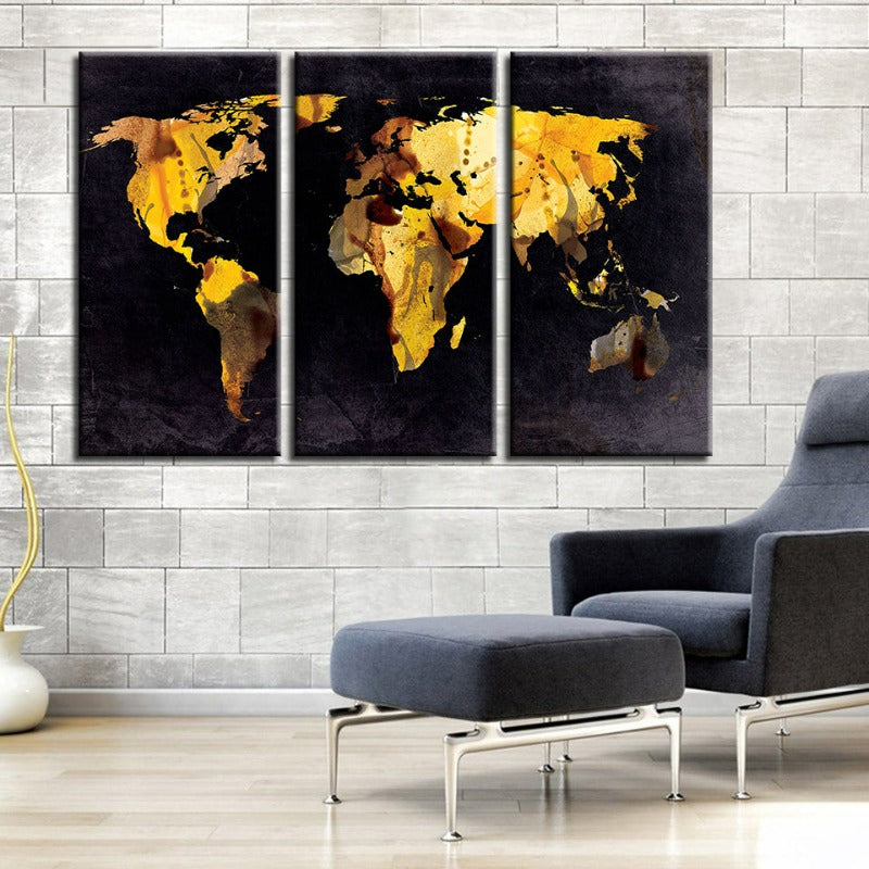 Beautiful Yellow Leaf World Map-Canvas Wall Art Painting 3 Pieces | Bowlift