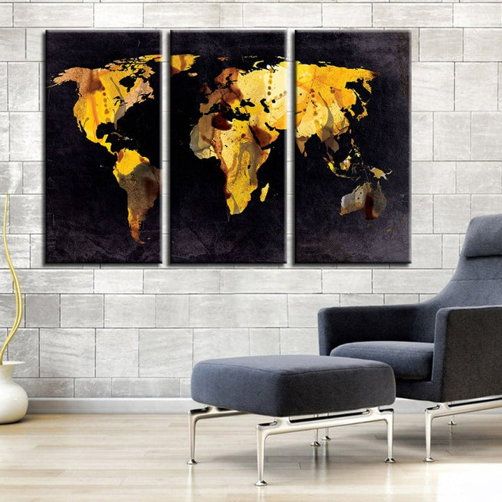 Beautiful Yellow Leaf World Map-Canvas Wall Art Painting 3 Pieces | Bowlift