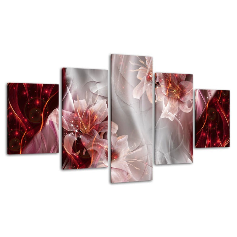 5 Piece Red White Ombre Background Pink Flower - Canvas Wall Art Painting | Bowlift