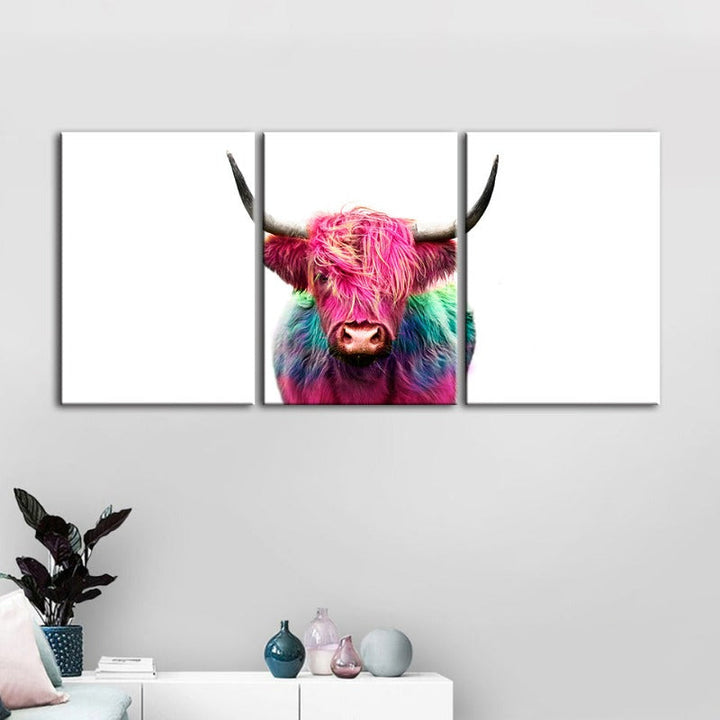 Colorful Pink Cow-Canvas Wall Art Painting 3 Pieces | Bowlift