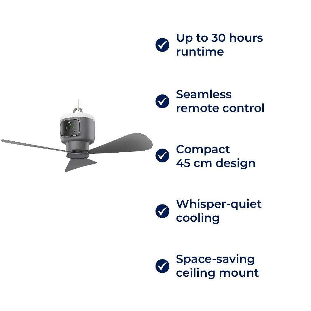 Control Ceiling Fan with Light – Battery-Powered 30h – Quiet Cooling Comfort – Ideal for Home Camping Travel Bowlift