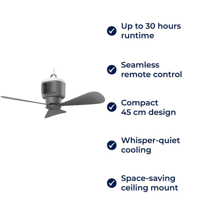 Control Ceiling Fan with Light – Battery-Powered 30h – Quiet Cooling Comfort – Ideal for Home Camping Travel Bowlift