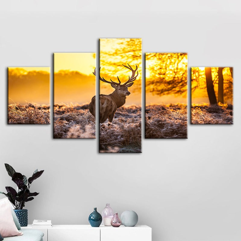 5 Piece Winter Deer at Dawn - Canvas Wall Art Painting | Bowlift