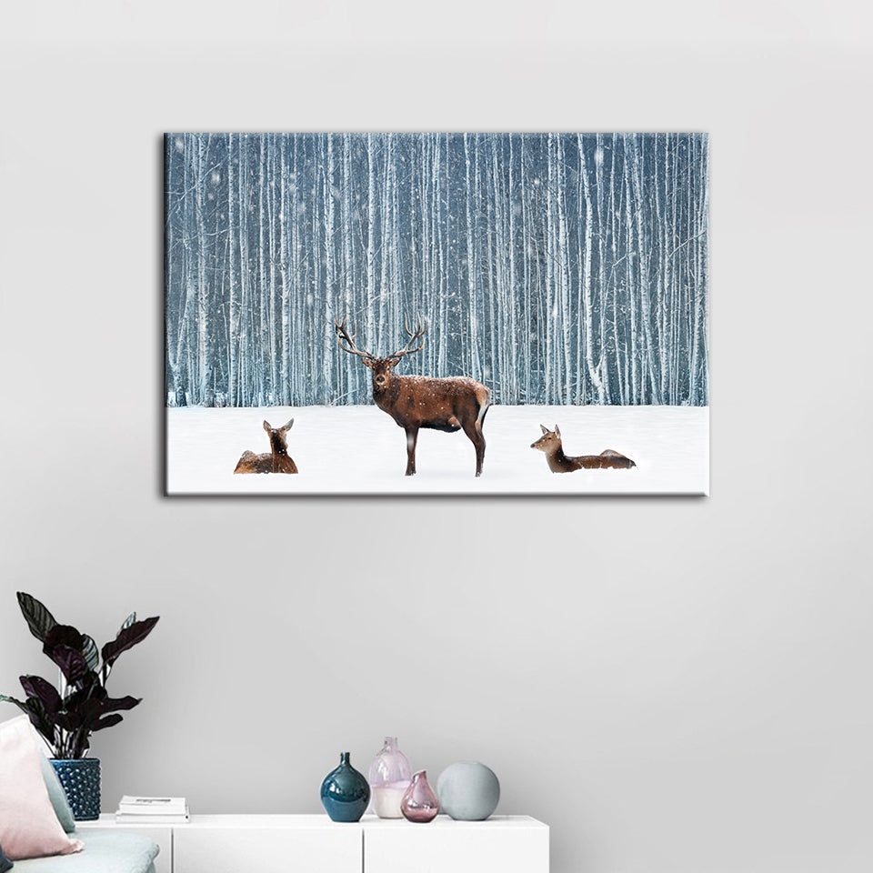 Two Does And A Deer In Winter - Canvas Wall Art Painting | Bowlift