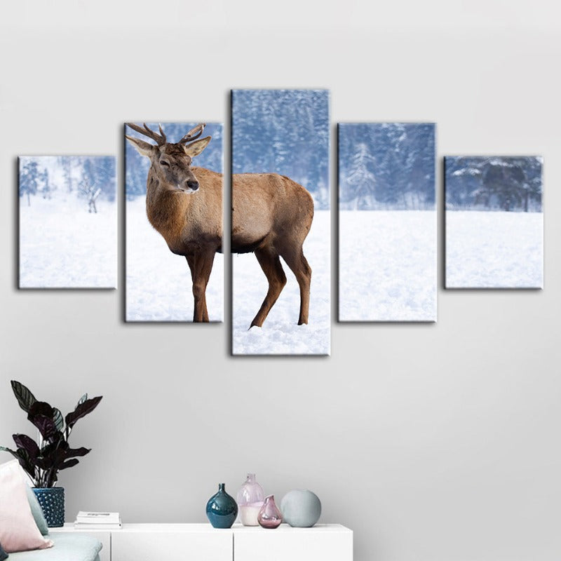 5 Piece Snowy Landscape Deer - Canvas Wall Art Painting | Bowlift