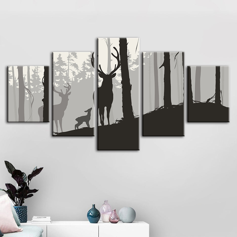 Silhouette Deer Family 5 Piece - Canvas Wall Art Painting | Bowlift