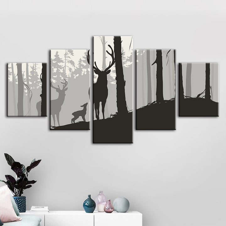 Silhouette Deer Family 5 Piece - Canvas Wall Art Painting | Bowlift