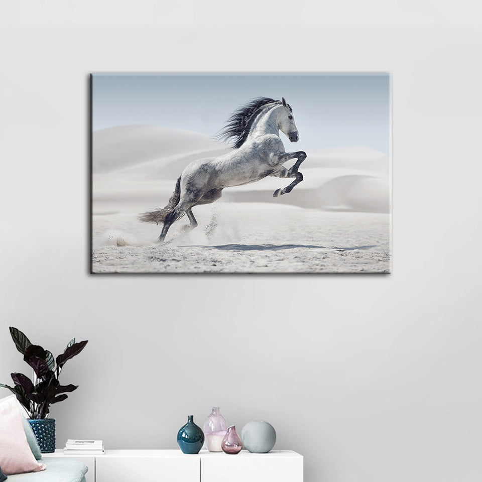 Jumping White Horse - Canvas Wall Art Painting | Bowlift